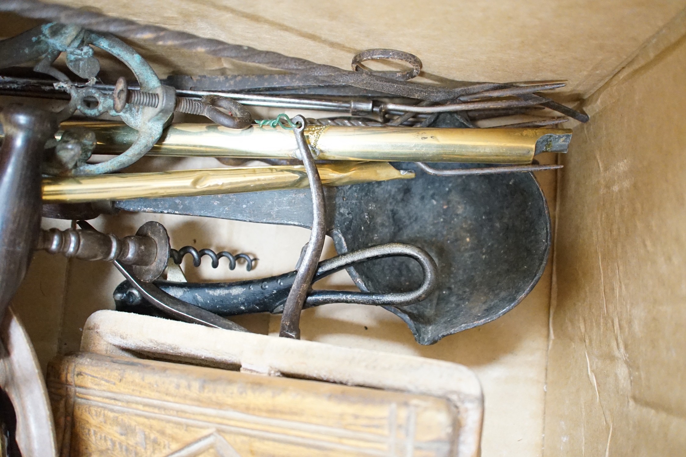 Two brass penny whistles and kitchenalia